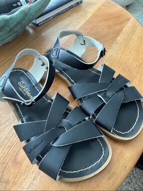 Saltwater  Black Leather Strappy Sandals BIG KIDS